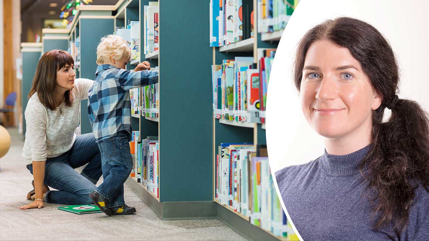 Kollage Linnéa Lindsköld och genrebild från bibliotek