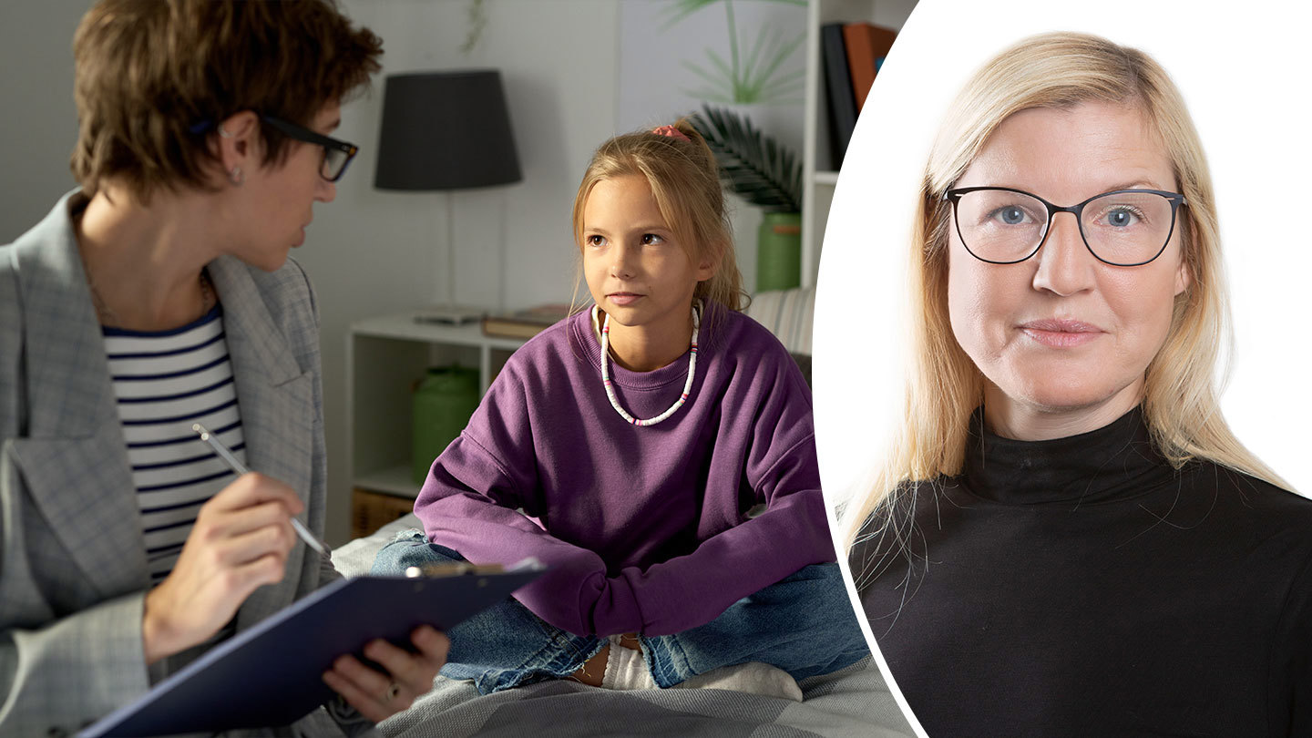 Collage Julia Carlsson och bild på socialsekreterare och barn.