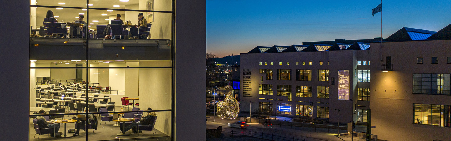 Evening view of the library and parts of campus