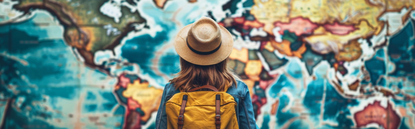 Student with backpack in front of world map